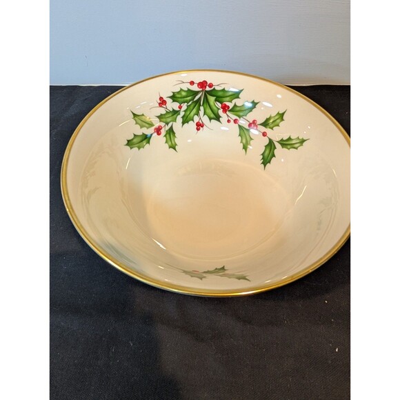 Lenox Holiday Large 9.5" Serving Bowl Ivory Porcelain Holly Berry Gold Trim - Picture 1 of 7